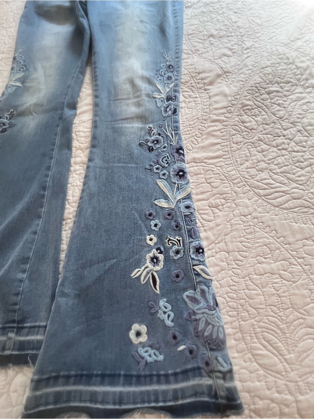 Blue Floral Embroidered Flared Jeans - Picture 3 of 6